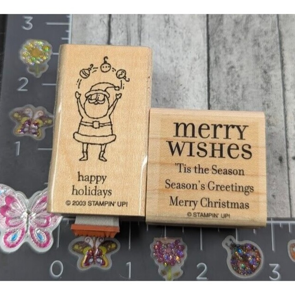 Stampin' Up! Happy Holidays Santa Christmas Lot of 2 Rubber Stamp Wood #B30